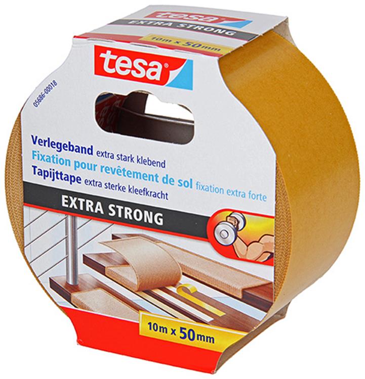 Tesa legtape extra sterk klevend - dubbelzijdig plakband voor het leggen van tapijt en pvc-bekleding - dubbelzijdig klevend - 10 m x 50 mm