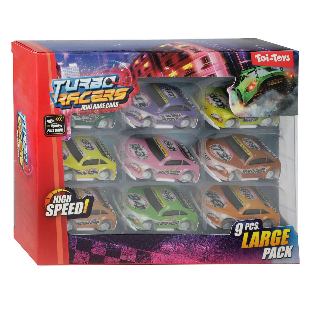 Toi-Toys Turbo Racers Mini Rally Pull-backauto's, 9st.