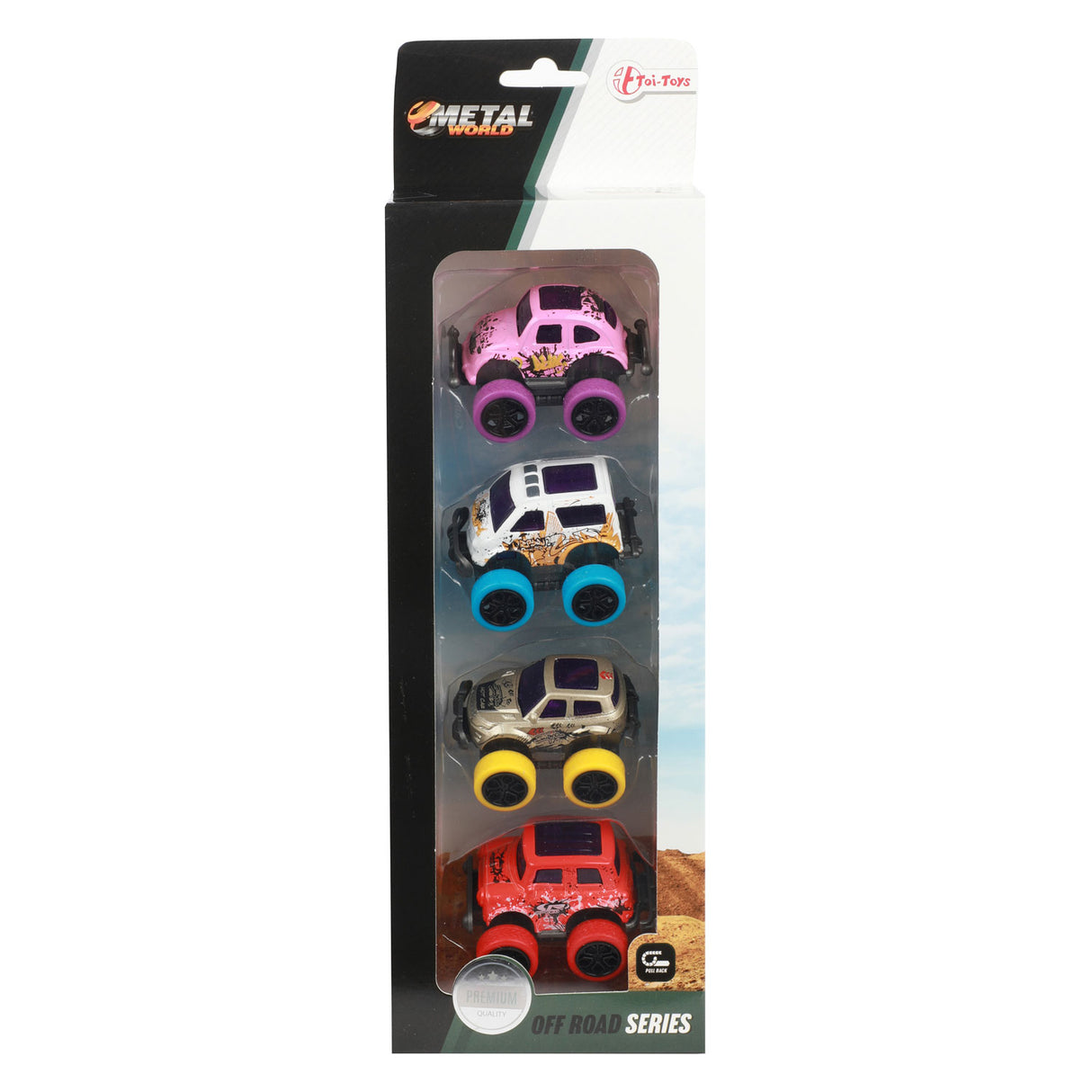 Toi-Toys Metal Pull-back Off Road Mini Auto's, 4st.