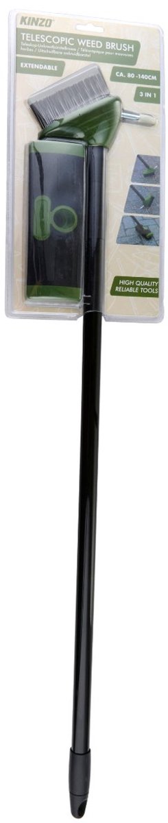Kinzo uitschuifbare onkruidborstel 3-in-1 – telescopische onkruidborstel met krabber en schraper – verstelbaar van 80-140 cm – voor tegels, terras, oprit – ergonomisch tuingereedschap
