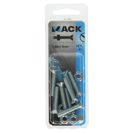 Mack 1017510 - metaalschroef verz. kop + moer verz. 8 st m6 x 30 mm | 10 stuks
