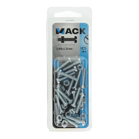 Mack 1017518 - metaalschroef cyl. kop + moer verz. 18 st m4 x 20 mm | 10 stuks