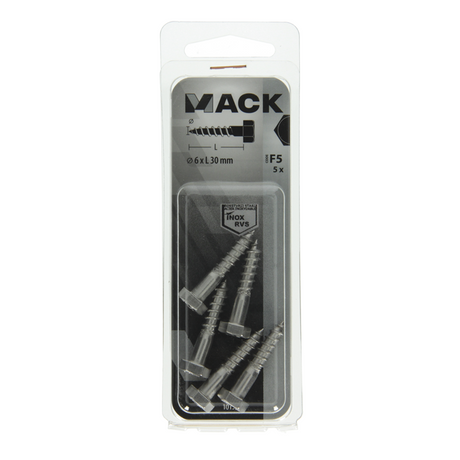 Mack 1019763 - houtdraadbout roestvrijstaal 5 st 6 x 30 mm | 10 stuks