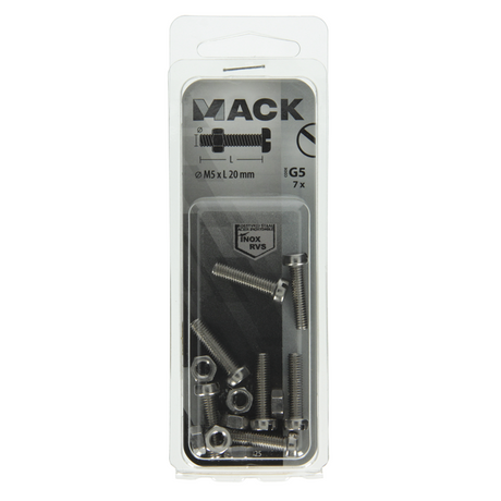 Mack 1019825 - metaalschroef cyl. kop + moer rvs 7 st m5x20 | 10 stuks
