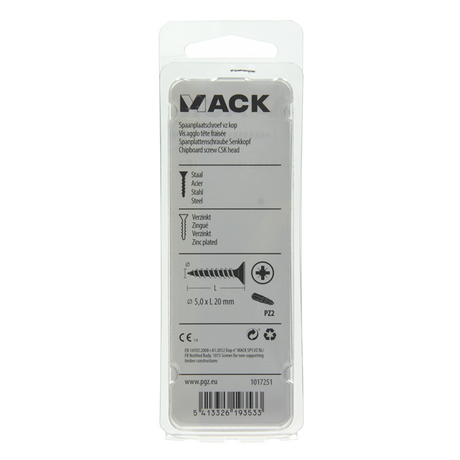 Mack 1017251 - spaanplaatschroef vz kop geelverz.20 st 5,0 x 20 mm | 10 stuks