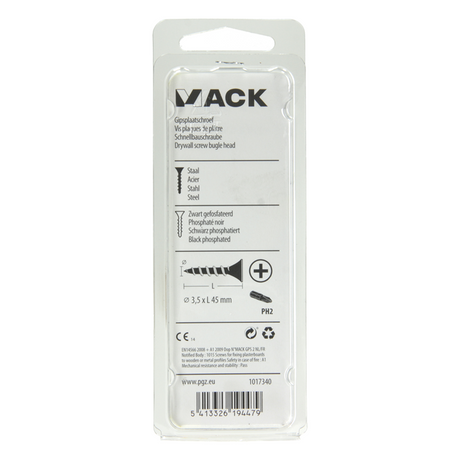 Mack 1017340 - gipsplaatschroef zwart gefosf. 20 st 3,5 x 45 mm | 5 stuks