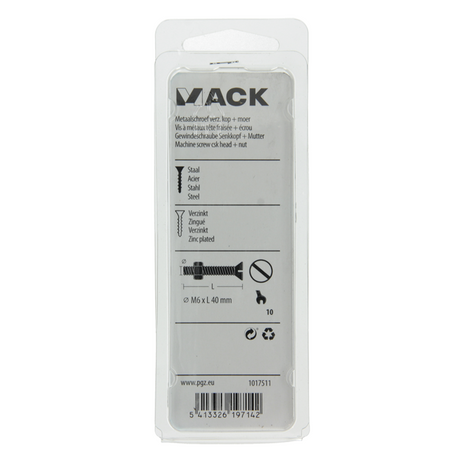 Mack 1017511 - metaalschroef verz. kop + moer verz. 6 st m6 x 40 mm | 10 stuks