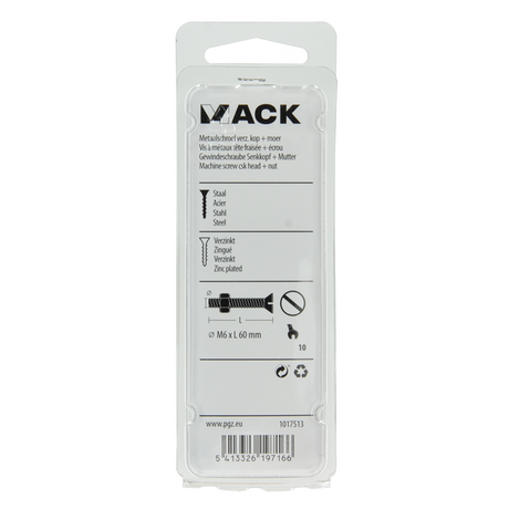 Mack 1017513 - metaalschroef verz. kop + moer verz. 5 st m6 x 60 mm | 10 stuks