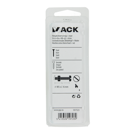 Mack 1017523 - metaalschroef cyl. kop + moer verz. 16 st m5 x 16 mm | 10 stuks