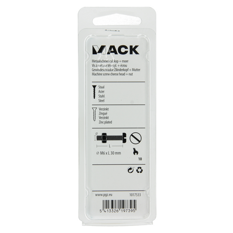 Mack 1017533 - metaalschroef cyl. kop + moer verz. 8 st m6 x 30 mm | 10 stuks