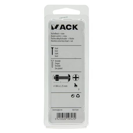 Mack 1017541 - kachelbout + moer staal verzinkt 18 st m4 x 25 mm | 10 stuks