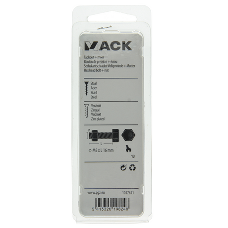 Mack 1017611 - tapbout + moer staal verzinkt 8 st m8 x 16 mm | 10 stuks
