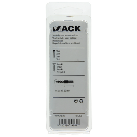 Mack 1017670 - stokeinde hout + metr. draad verz. 4 st m8x60 | 10 stuks