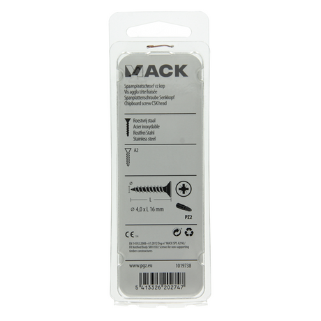 Mack 1019738 - spaanplaatschroef vz kop rvs 20 st 4,0 x 16 mm | 10 stuks