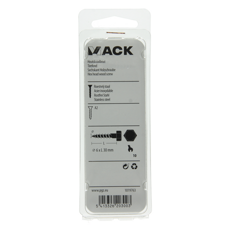 Mack 1019763 - houtdraadbout roestvrijstaal 5 st 6 x 30 mm | 10 stuks