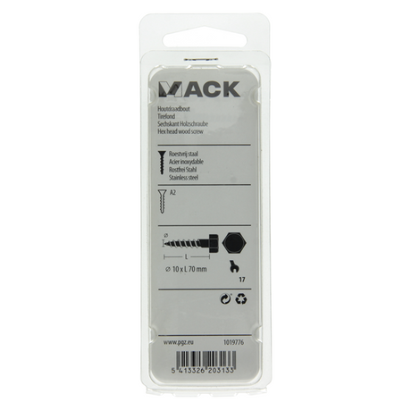 Mack 1019776 - houtdraadbout roestvrijstaal 2st 10 x 70 mm | 10 stuks
