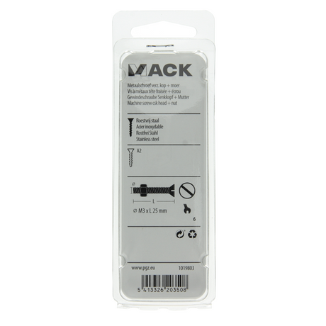 Mack 1019803 - metaalschroef verz. kop + moer rvs 15 st m3x25 | 10 stuks