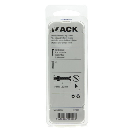 Mack 1019809 - metaalschroef verz. kop + moer rvs 7 st m4x50 | 10 stuks