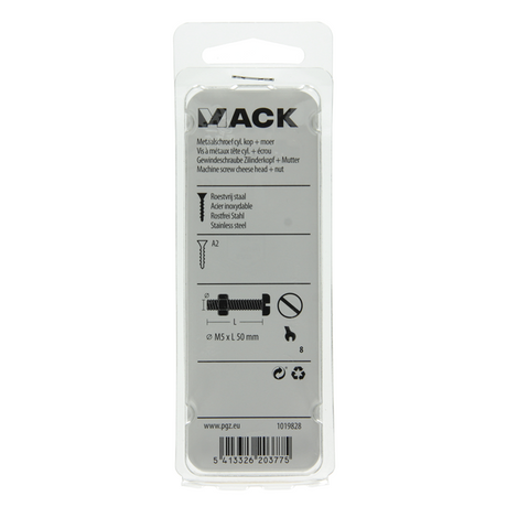 Mack 1019828 - metaalschroef cyl. kop + moer rvs 4 st m5x50 | 10 stuks