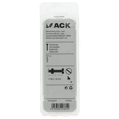 Mack 1019832 - metaalschroef cyl. kop + moer rvs 2 st m6x60 | 10 stuks