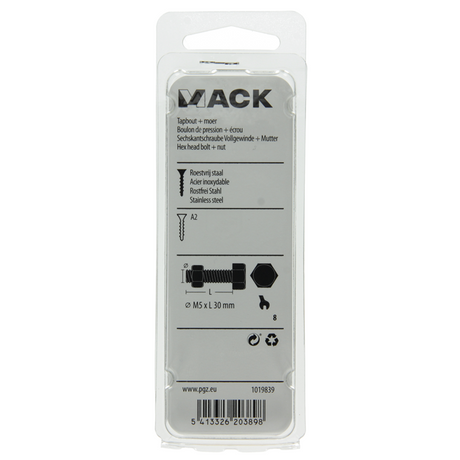 Mack 1019839 - tapbout + moer roestvrijstaal 5 st m5x30 | 10 stuks