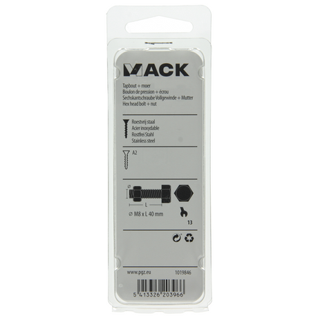 Mack 1019846 - tapbout + moer roestvrijstaal 2 st m8x40 | 10 stuks