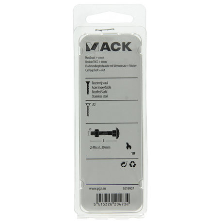 Mack 1019907 - houtbout + moer roestvrijstaal 5 st m6x30 mm | 10 stuks