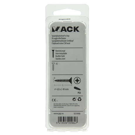 Mack 1019990 - spaanplaatschroef vz kop rvs 40 st 4,0 x 40 mm | 5 stuks
