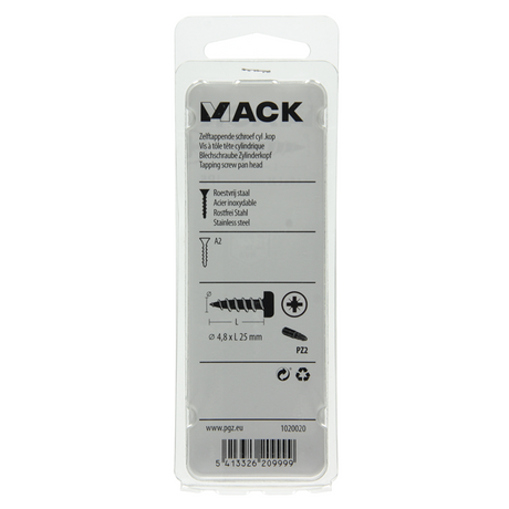 Mack 1020020 - zelftappende schroef cyl.kop a2 25 st 4,8 x 25 mm | 5 stuks