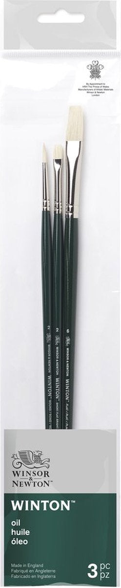 Winsor newton 5990609 winton oliepenselen set – 3 lange penselen voor olieverf (rond flat varkenshaar - rond 2, short flat bright 2, plat 6)