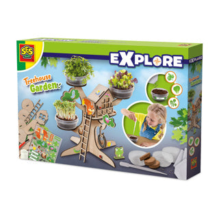 Ses creative - explore - houten boomhut kweekset - kruiden plantjes kweken - met speelgoed poppetjes en houten 3d boom - spelen en leren – moestuin voor kinderen