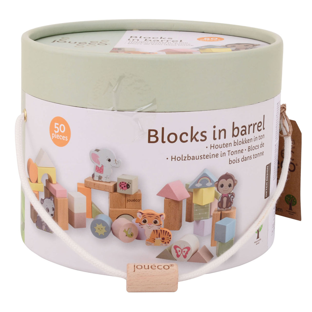 Jouéco ® - the wildies family houten blokken in ton 50 stuks