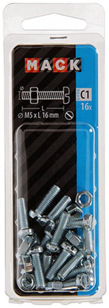 Mack 1017523 - metaalschroef cyl. kop + moer verz. 16 st m5 x 16 mm | 10 stuks