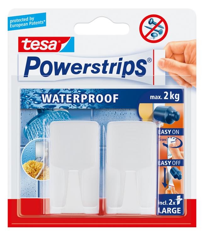 Tesa powerstrips ophanghaken - 2x - wit - kunststof - waterproof - zelfklevend