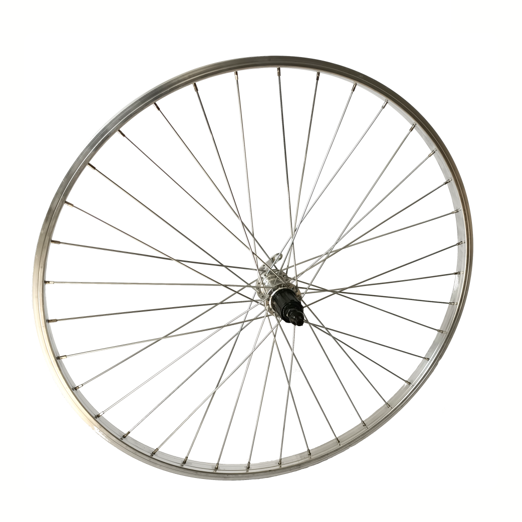 Achterwiel 28x1 5 8x1 3 8 aluminium velg zilver. uitval cassette naaf, 8 9 10 speed, spaak 14