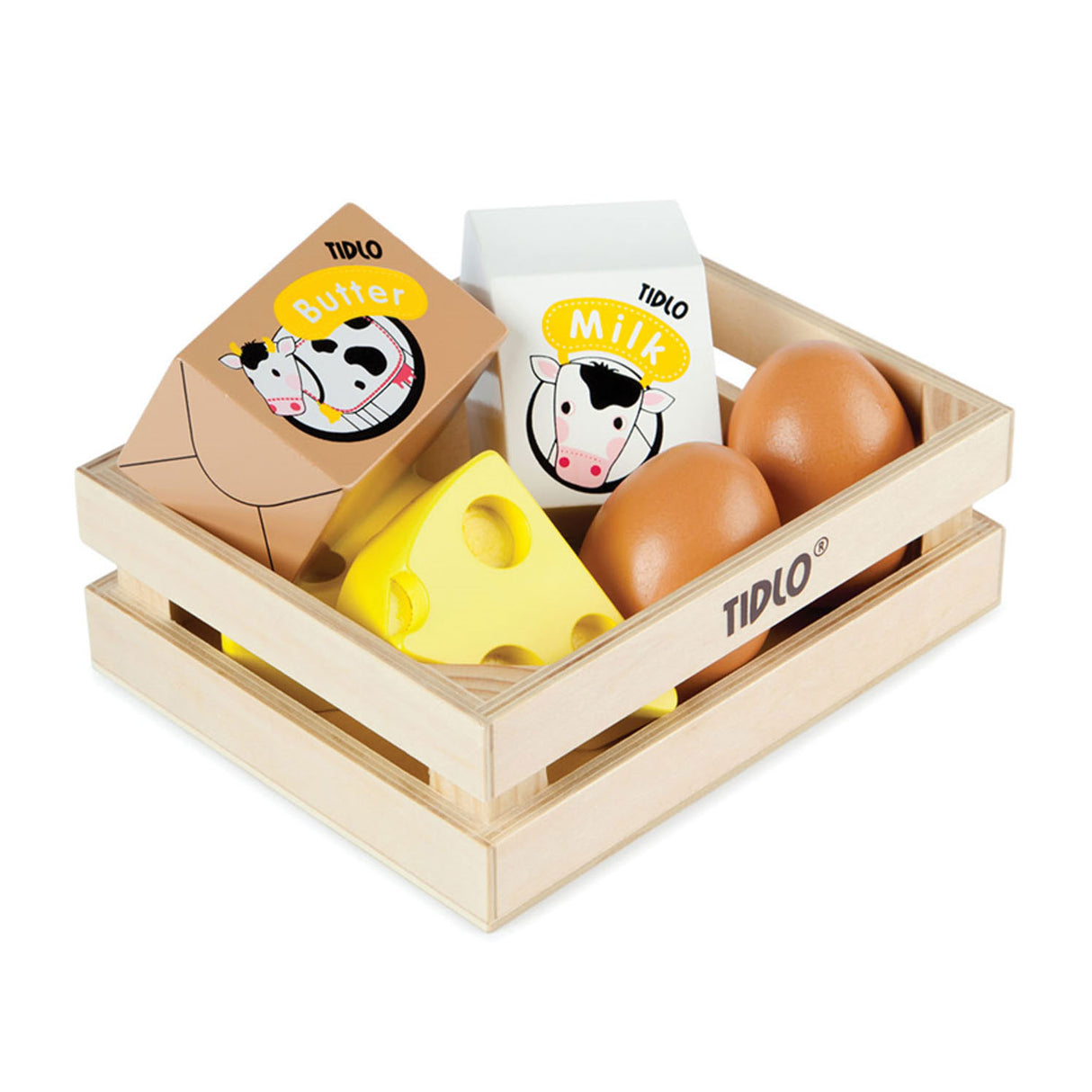 Tidlo houten eieren en melk in een kratje