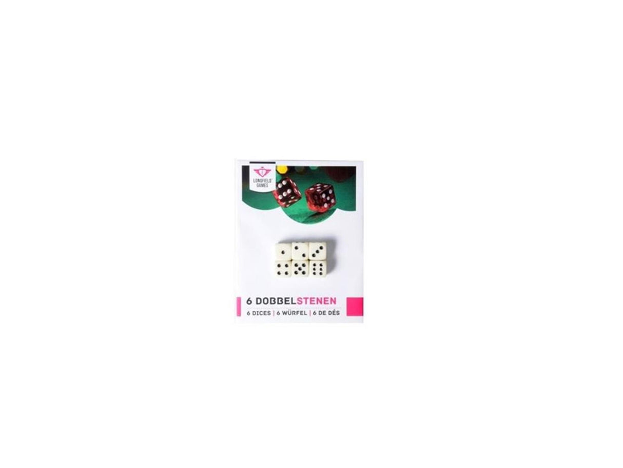 Longfield dobbelstenen 6 stuks – wit – 16 mm – verpakt op kaart – set dobbelstenen voor bordspellen en spelaccessoires – engelhart