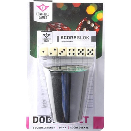 Longfield dobbelset beker+ 6 dobbelstenen en scoreboekje