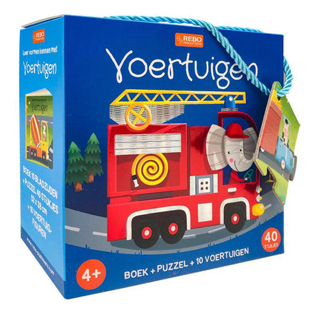 Rebo publishers boek, puzzel + 10 figuren - voertuigen