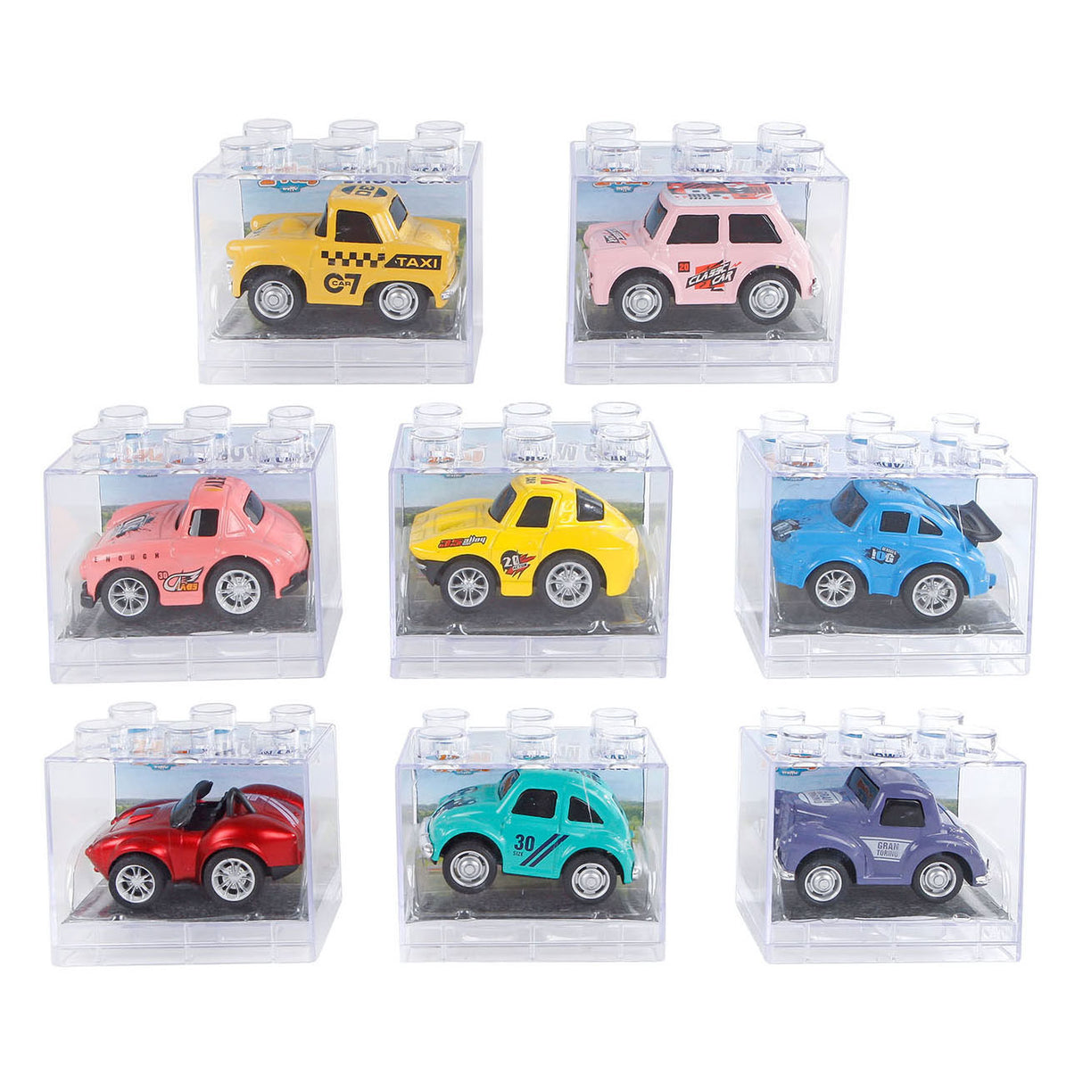 2-play die-cast pull back auto in transparant doosje, 6cm