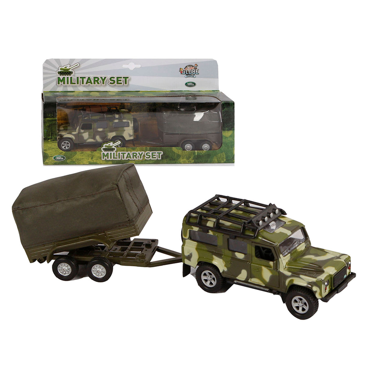 Kids Globe Globe Die-cast Land Rover Met Aanhanger Leger, 27cm