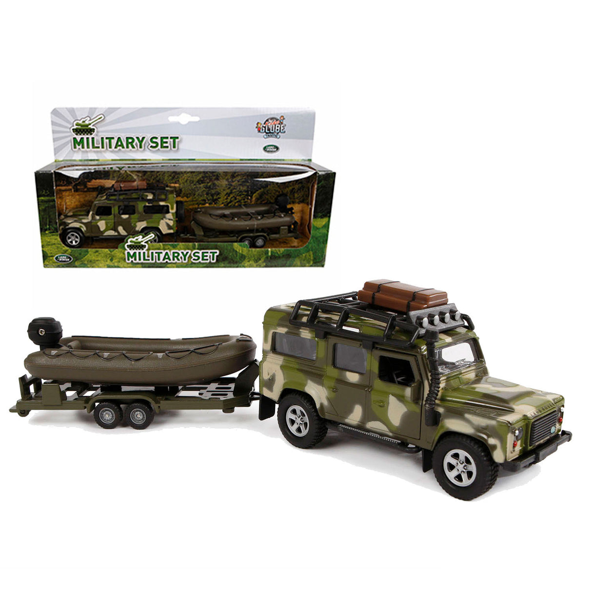 Kids Globe Globe Die-cast Land Rover met Aanhanger en Boot Leger