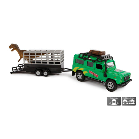 Kids Globe Globe Die-cast Land Rover met Dino-trailer, 29cm