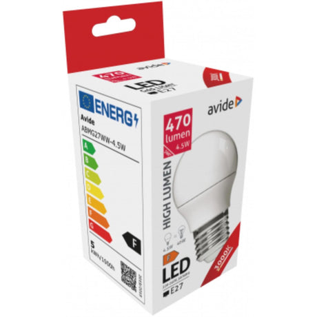 Avide led globe mini g45, 4.5 watt, e27 fitting , warm wit 3000 kelvin, 470 lumen