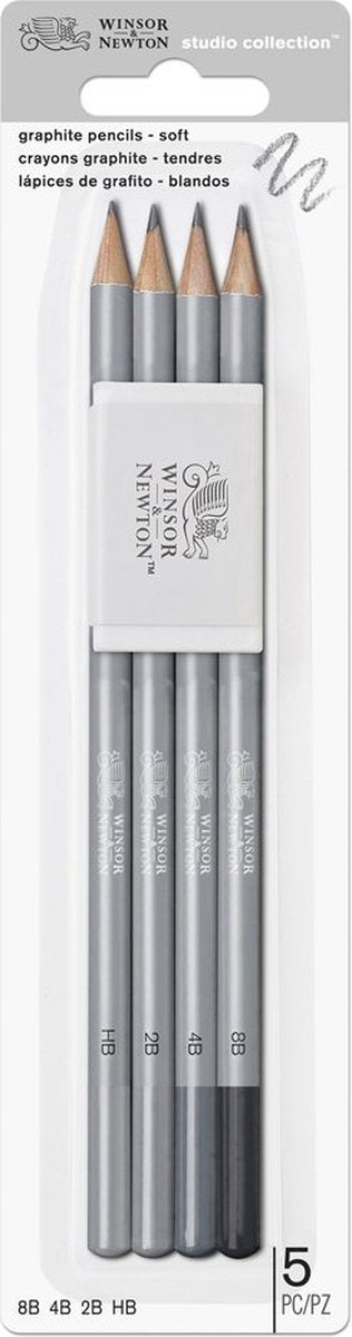 Winsor newton 0490004 studio collection grafietpotloden set – hb, 2b, 4b, 8b + gum | schets- tekenpotloden