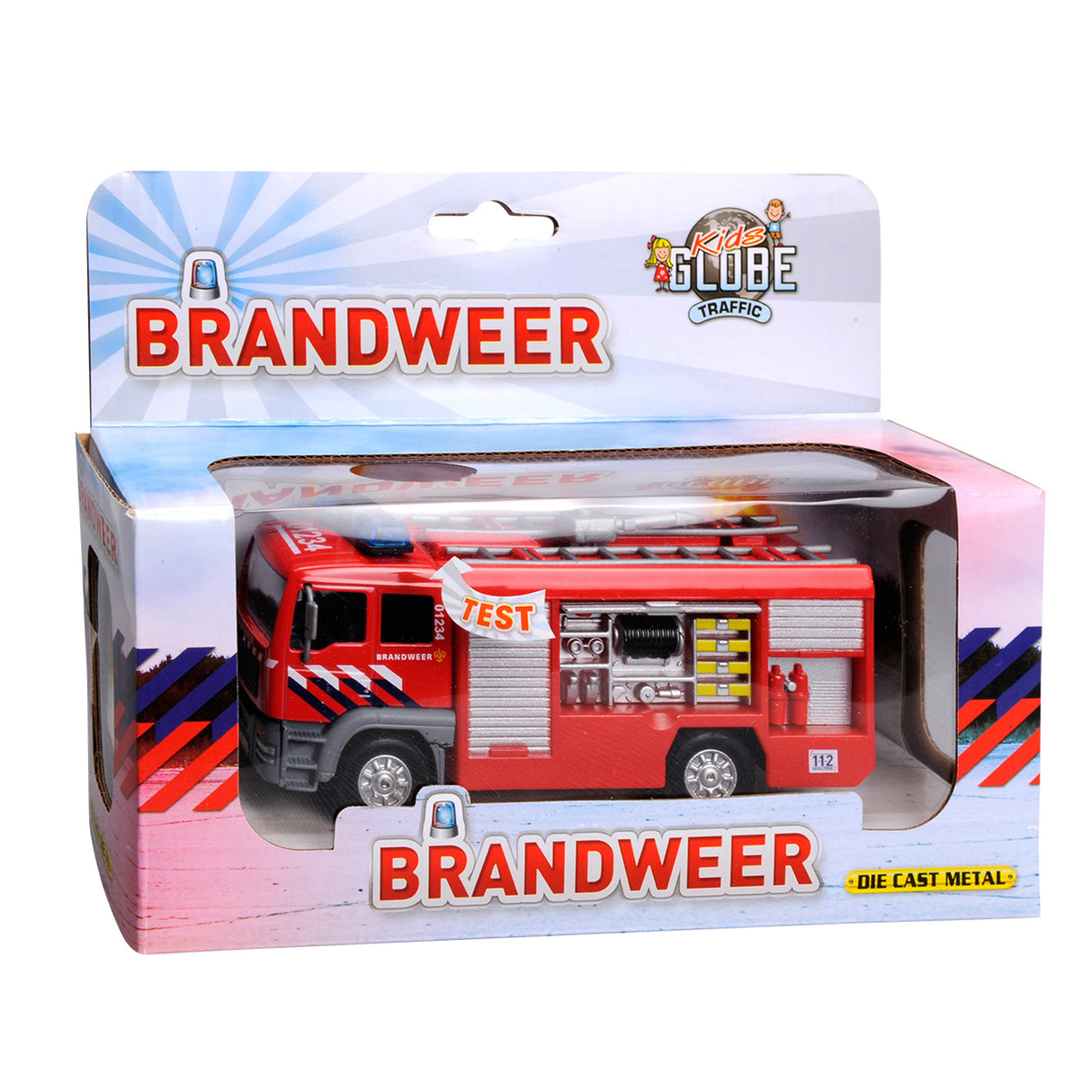 Die cast kids globe metalen brandweerauto met licht en geluid - speelgoedvoertuig: 13 cm