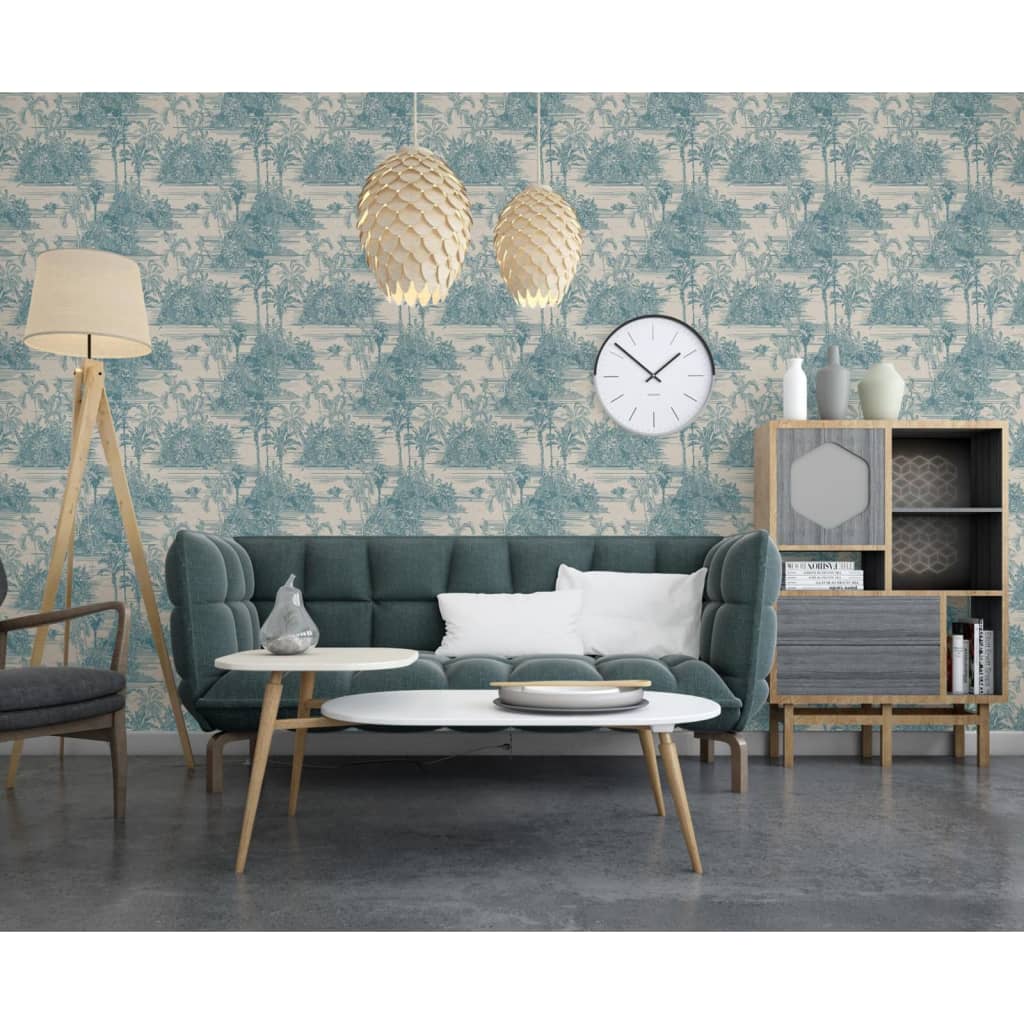 Dutch wallcoverings behang tropical beige en lichtblauw