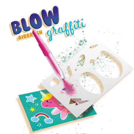 Ses creative – blow airbrush graffiti – creatieve knutselset vanaf 6 jaar – inclusief 6 airbrush pennen, zwarte stift, sjablonen en kleurplaten