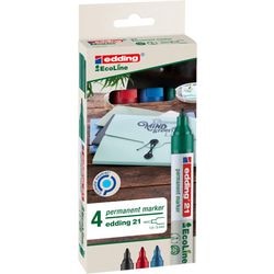 Edding 21 ecoline permanent marker -zwart, rood, blauw, groen - 4 stiften - ronde punt 1,5-3 mm - voor karton, kunststof, hout, metaal, etc. - alcohol markers voor volwassenen