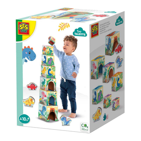 Ses stapelblokken toren met dino figuren